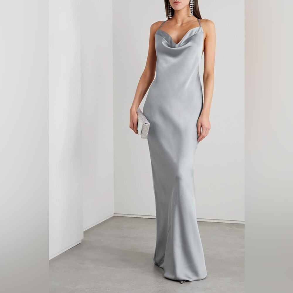 Norma Kamali Womens Silver Cowl Neck Sleeveless Low Back Cross Back Bias Gown L